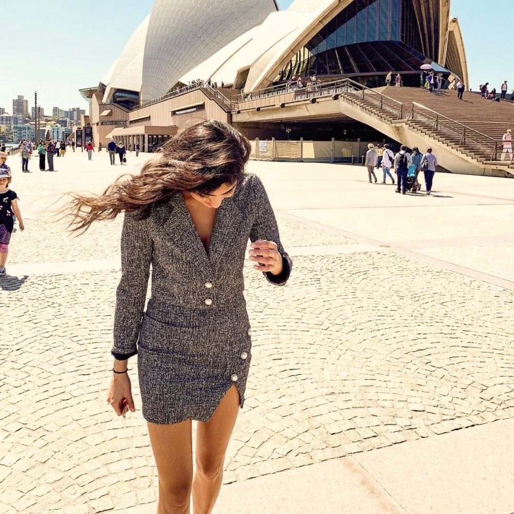 Revolve Tweed suit blazer and skirt with pear details. Bran new. Worn for pic.